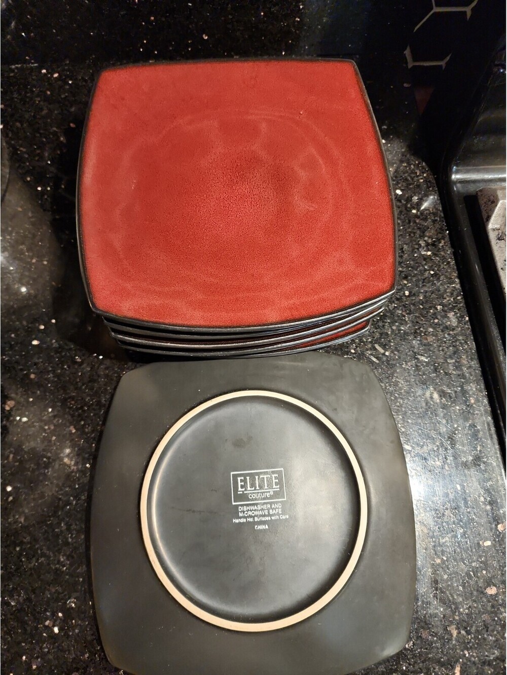 6 Gibson Elite Culture  Red Black Square Salad  Plate 7.5"×7.5" China
